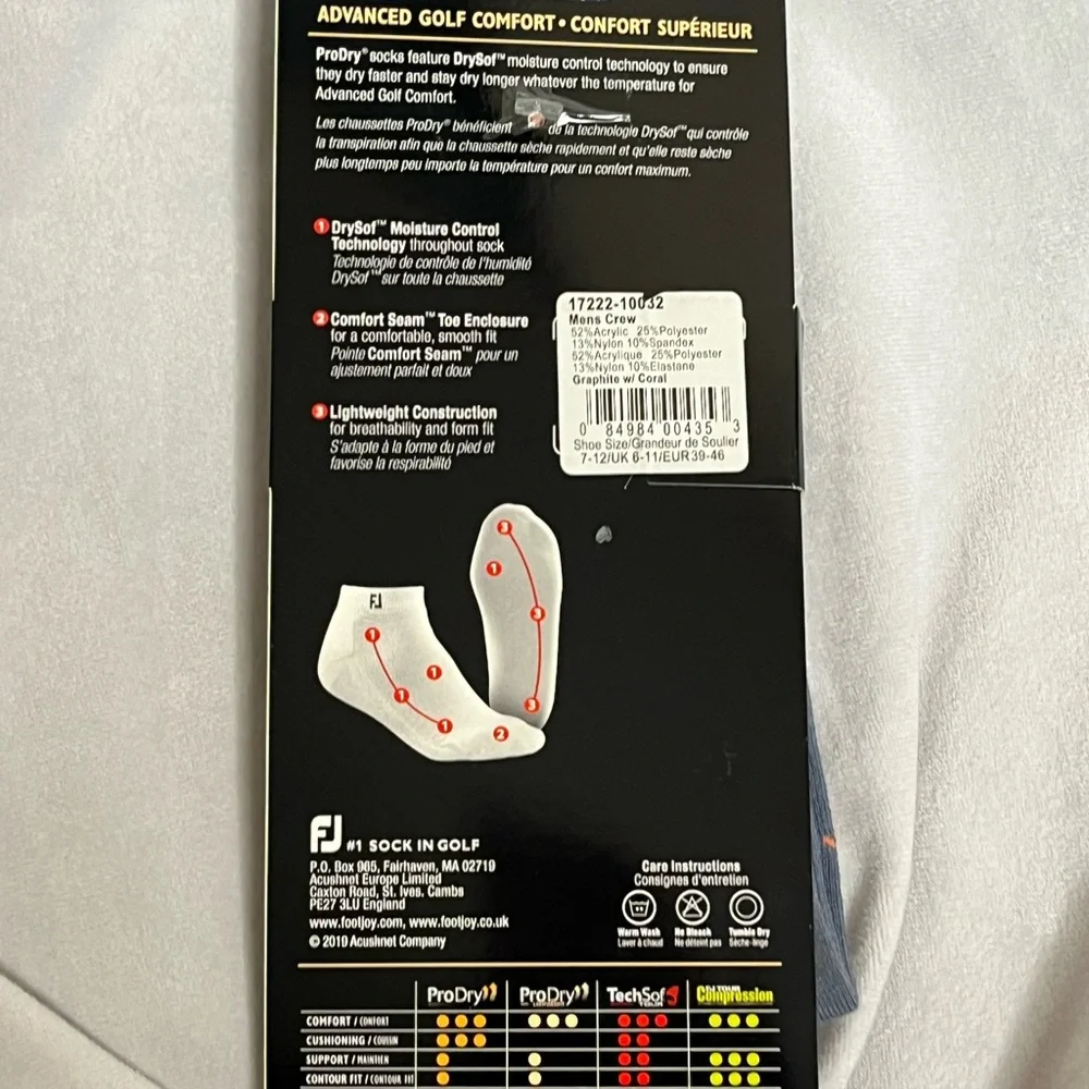 NEW 2024 Mens Footjoy ProDry CREW Solid Golf Socks, 1 PAIR,Size 7-12